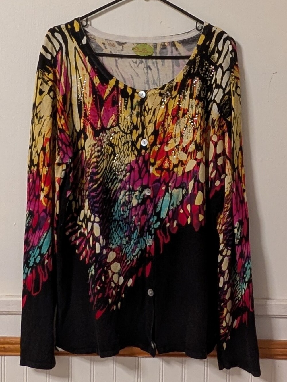 Prima Bella Women's Cardigan Art To Wear Multi-Color Printed Button-Front Sz 18